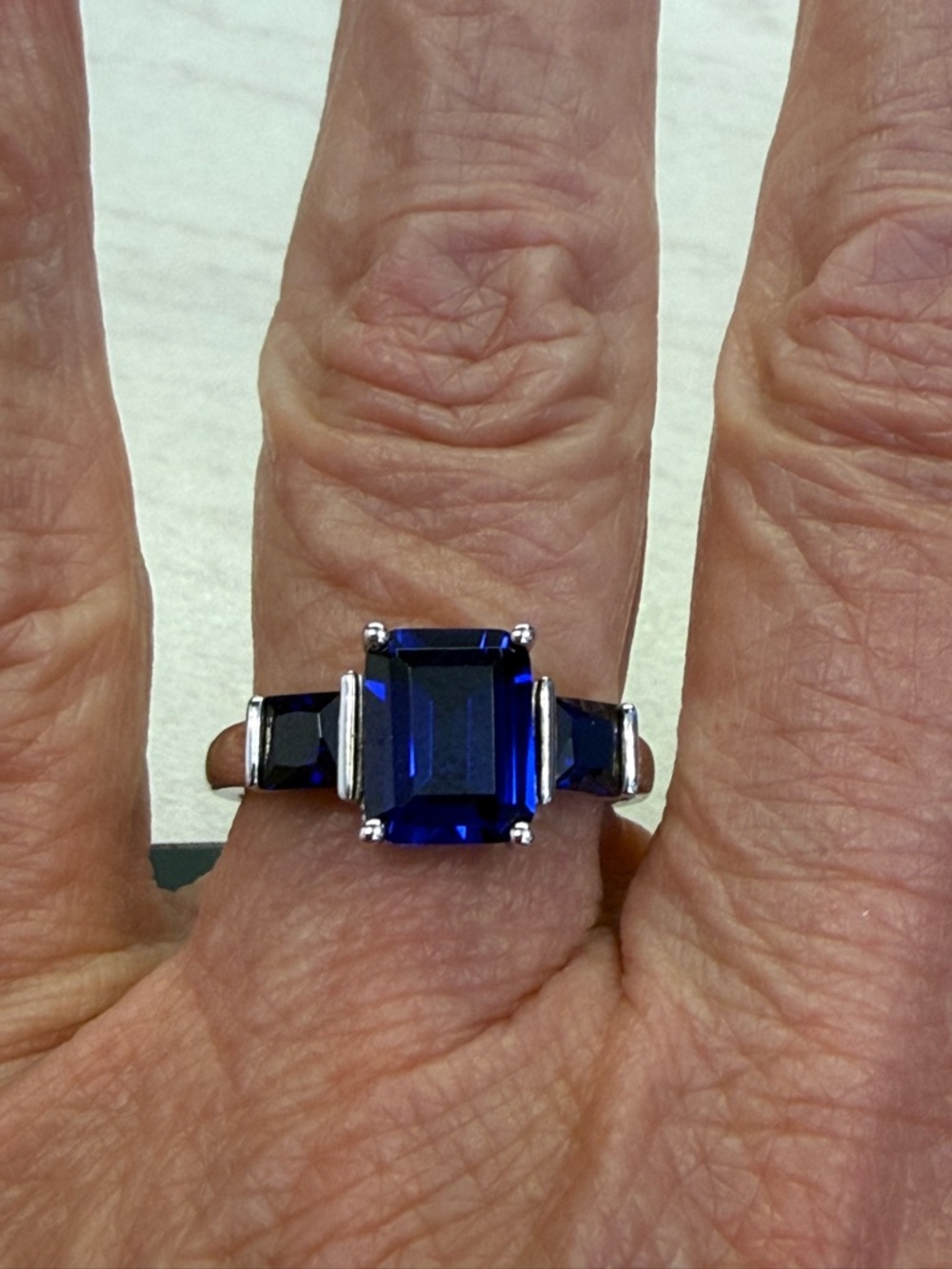 Sterling Silver/Created Sapphire Ring, Sz 7, Three Stone Design, 3.79 TCW, NWT